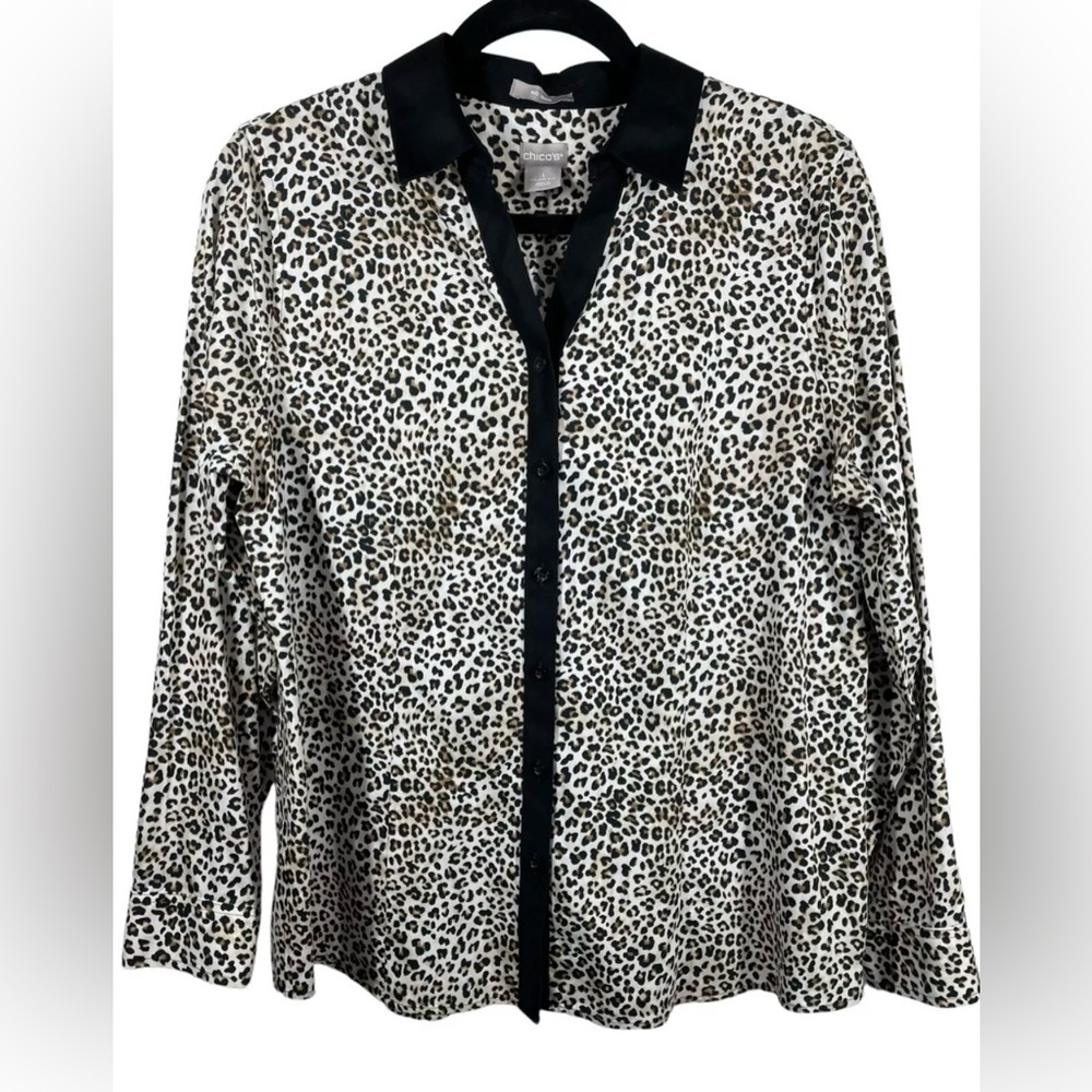 Chico’s No Iron Long Sleeve Button Up Leopard Cheetah Print 100% Cotton Sz 1